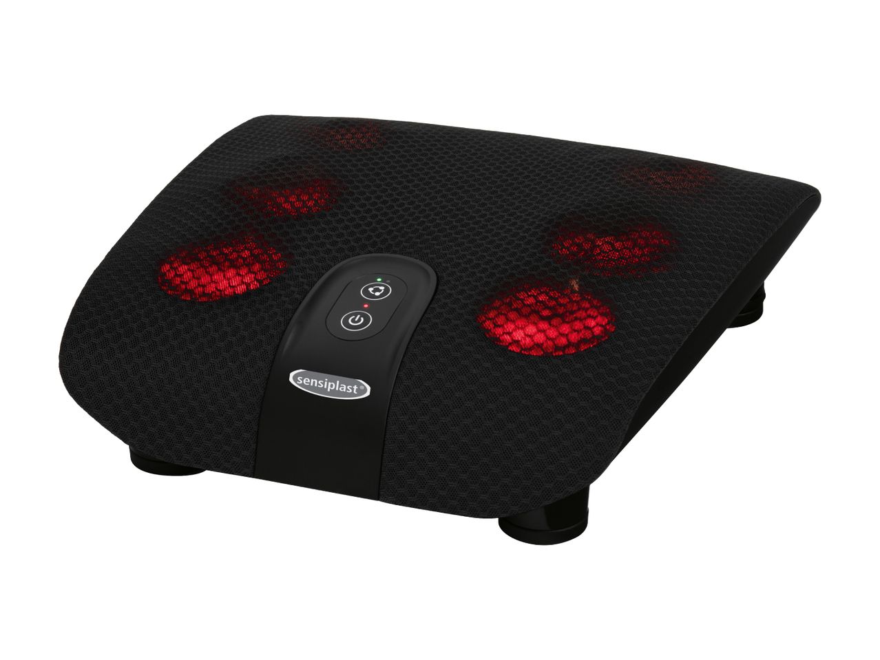 Sort fodmassageapparat med røde lys og kontrolpanel.