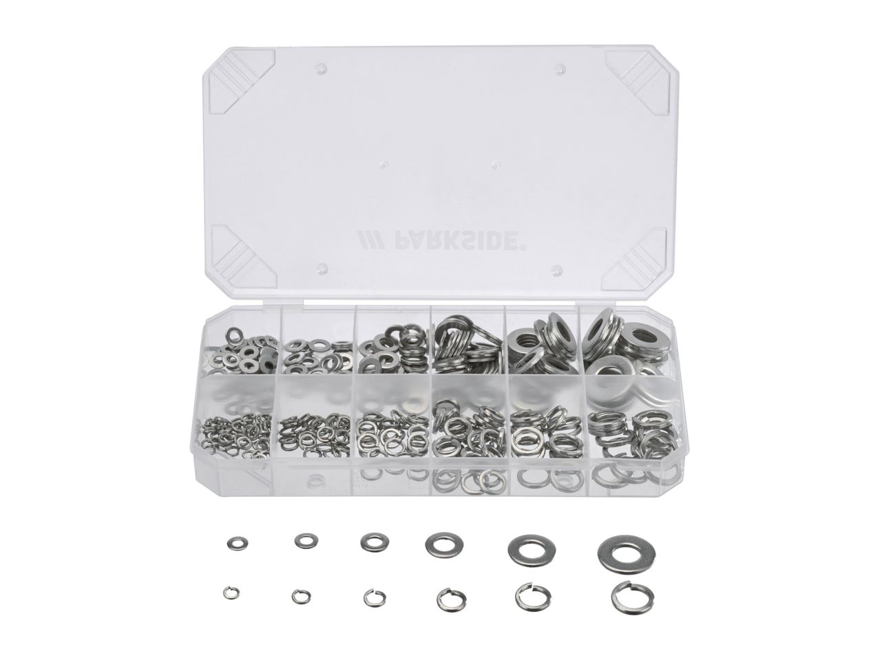 Assortment of metal washers and o-rings in a plastic storage case.