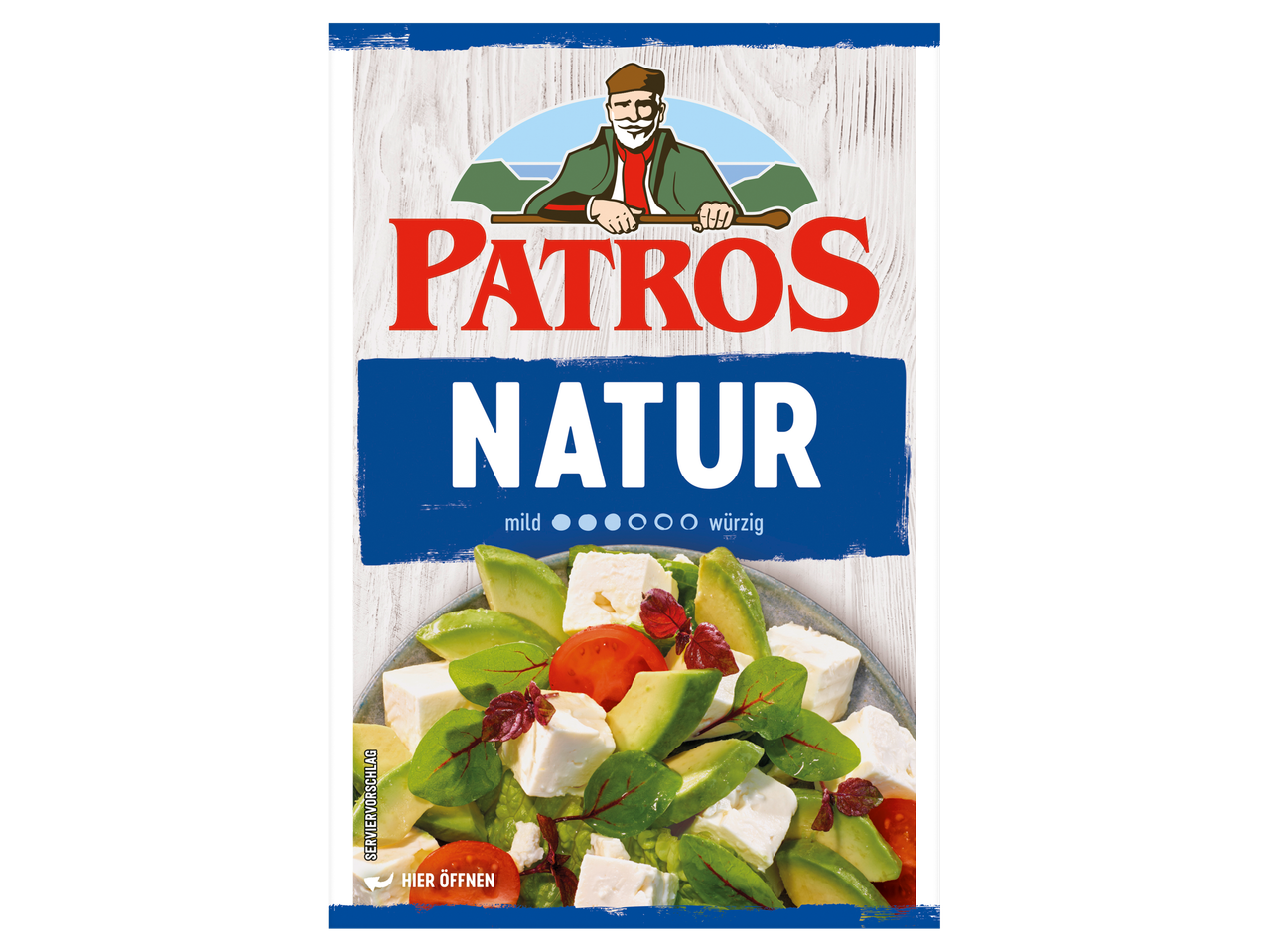 Patros Natur Fetakäse Verpackung zeigt einen frischen Salat mit Avocado und Tomaten.