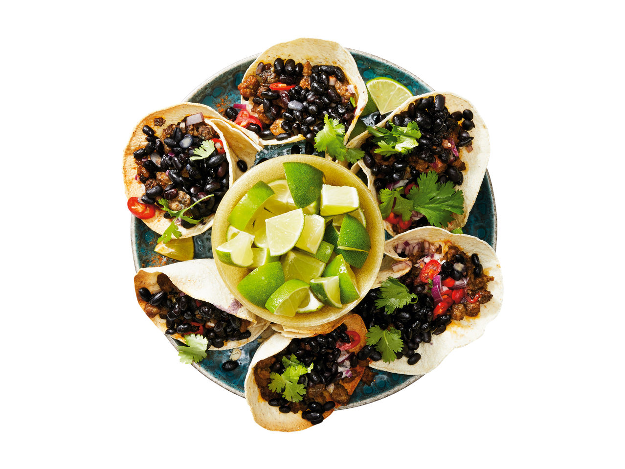 Tacos с кайма и черни бобчета, лимони.