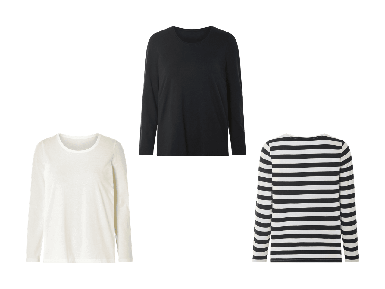 Trois t-shirts à manches longues : un noir, un blanc et un rayé noir et blanc.