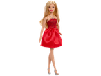Bārbija sarkanā kleitā ar gariem blondiem matiem un sudraba kaklarotu.