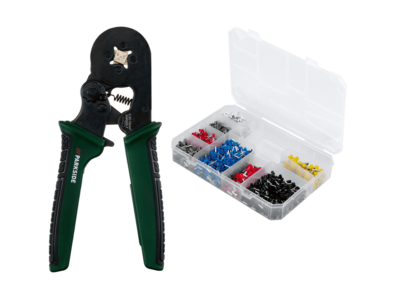 Pince à sertir avec poignée verte et boîte de rangement transparente avec cosses colorées.