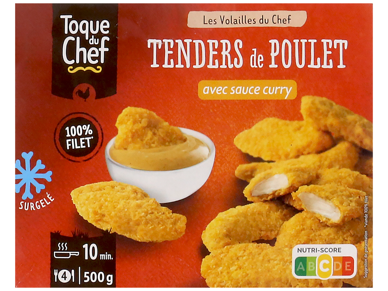 Tenders de poulet surgelés avec sauce curry, 100% filet, Nutri-Score A.