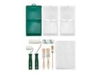 A set of painting tools including paint trays, rollers, brushes, and a plastic sheet.