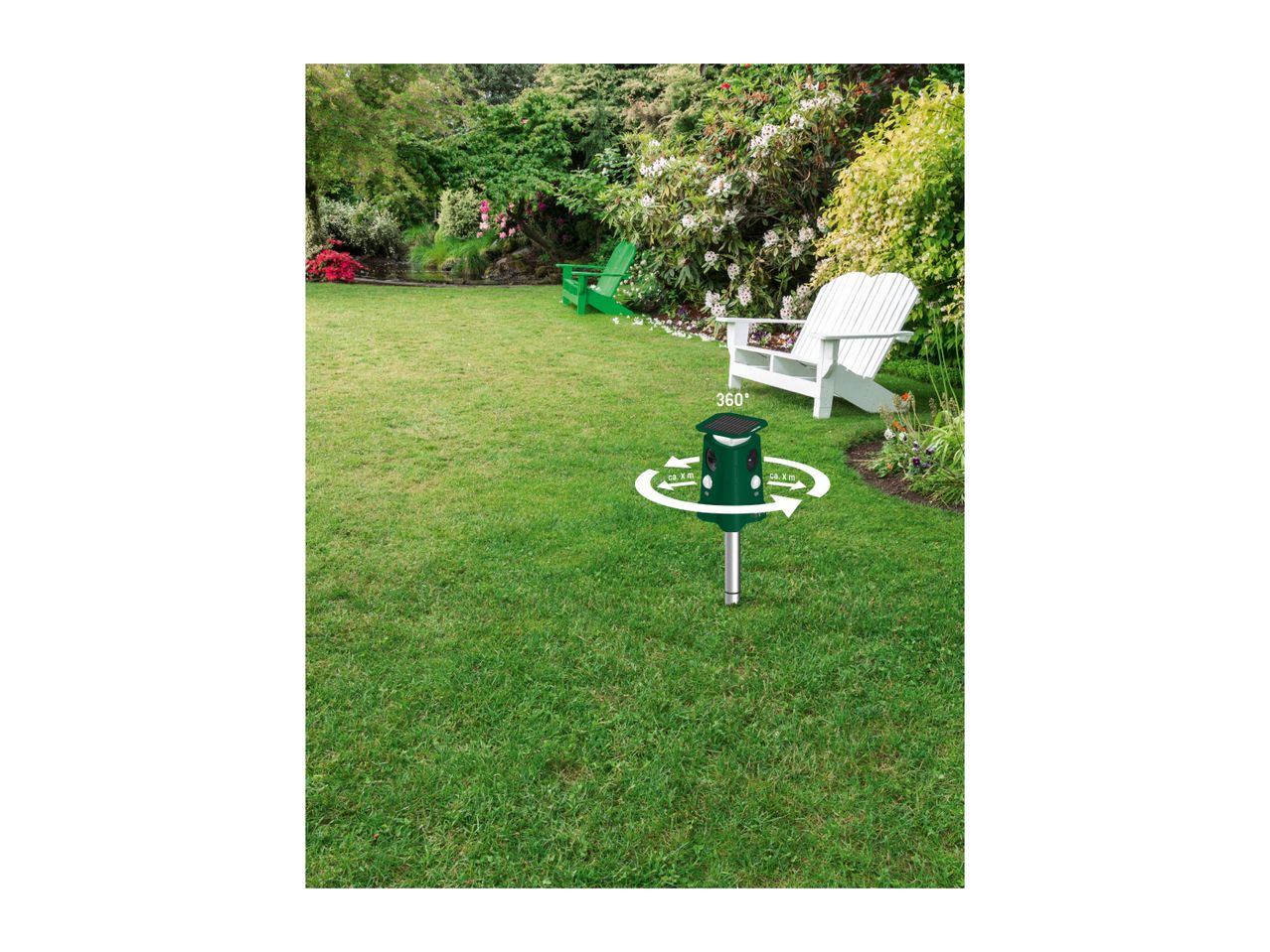 Green garden pest repeller with 360-degree coverage in a lush garden setting.