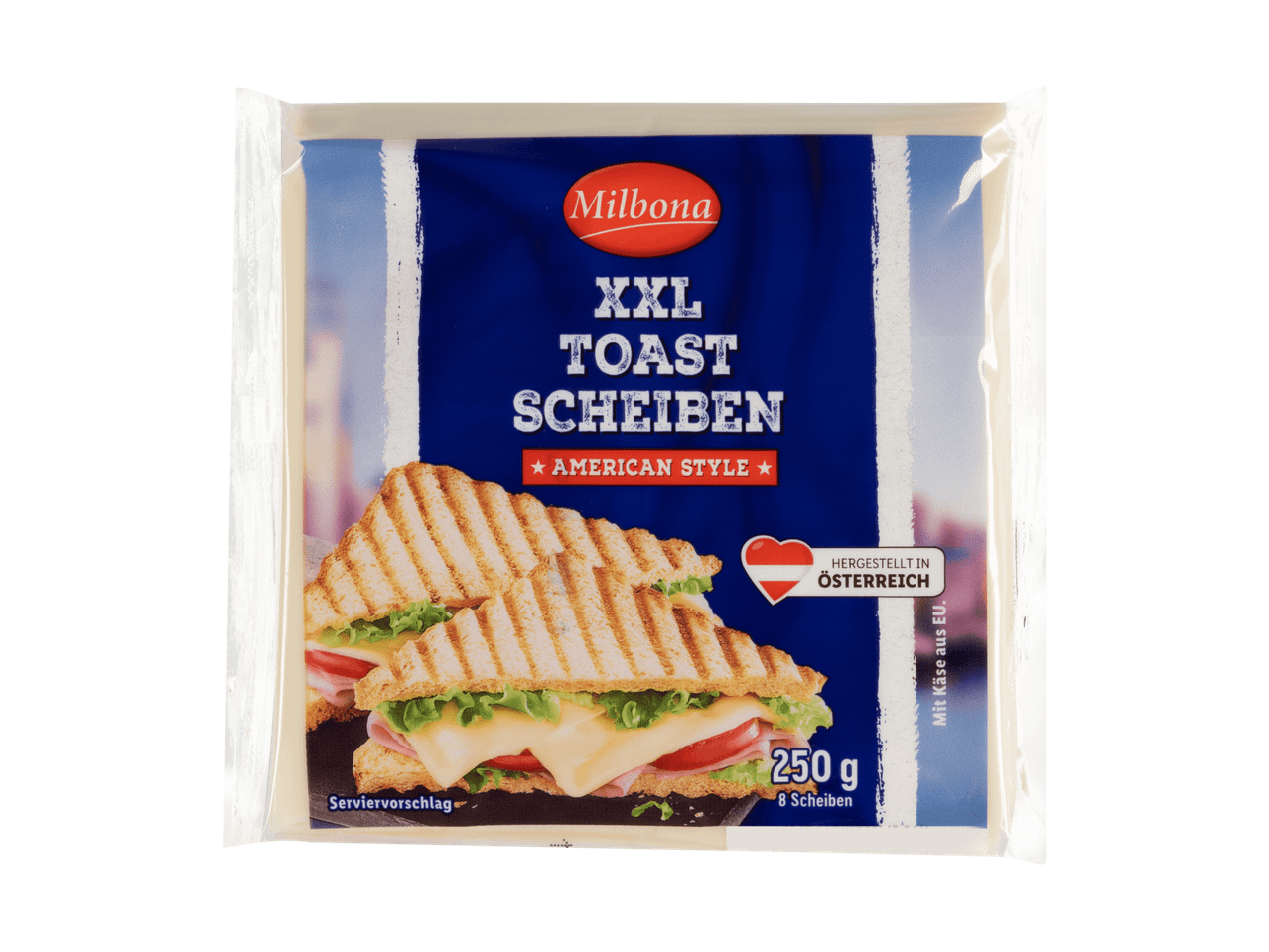 XXL Toastscheiben im American Style, hergestellt in Österreich, 250g Packung mit 8 Scheiben.