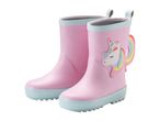 Pink children's rain boots with a unicorn and rainbow design, light blue soles and trim.