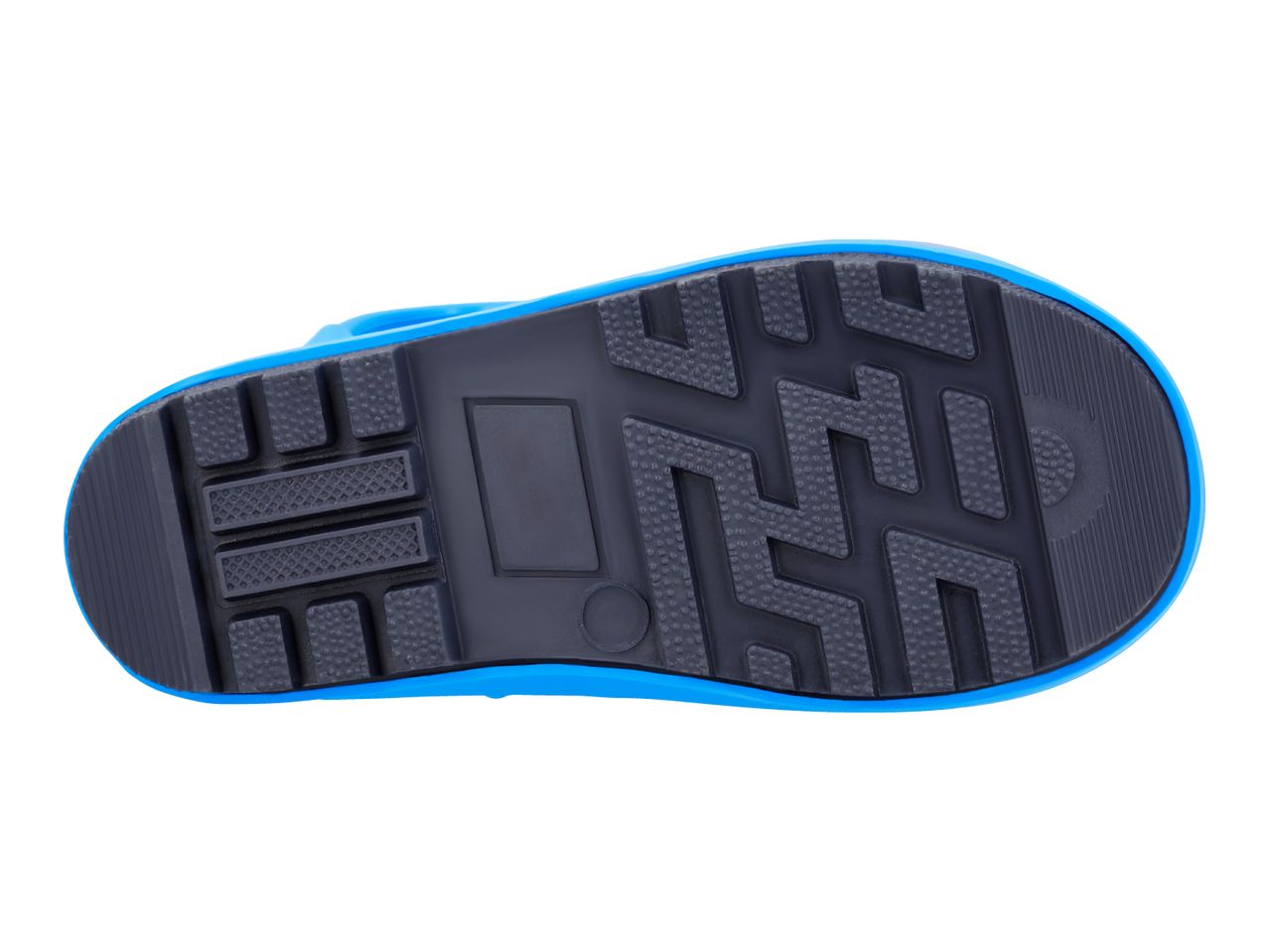Bottom view of a blue and black children's rain boot sole with a textured tread.
