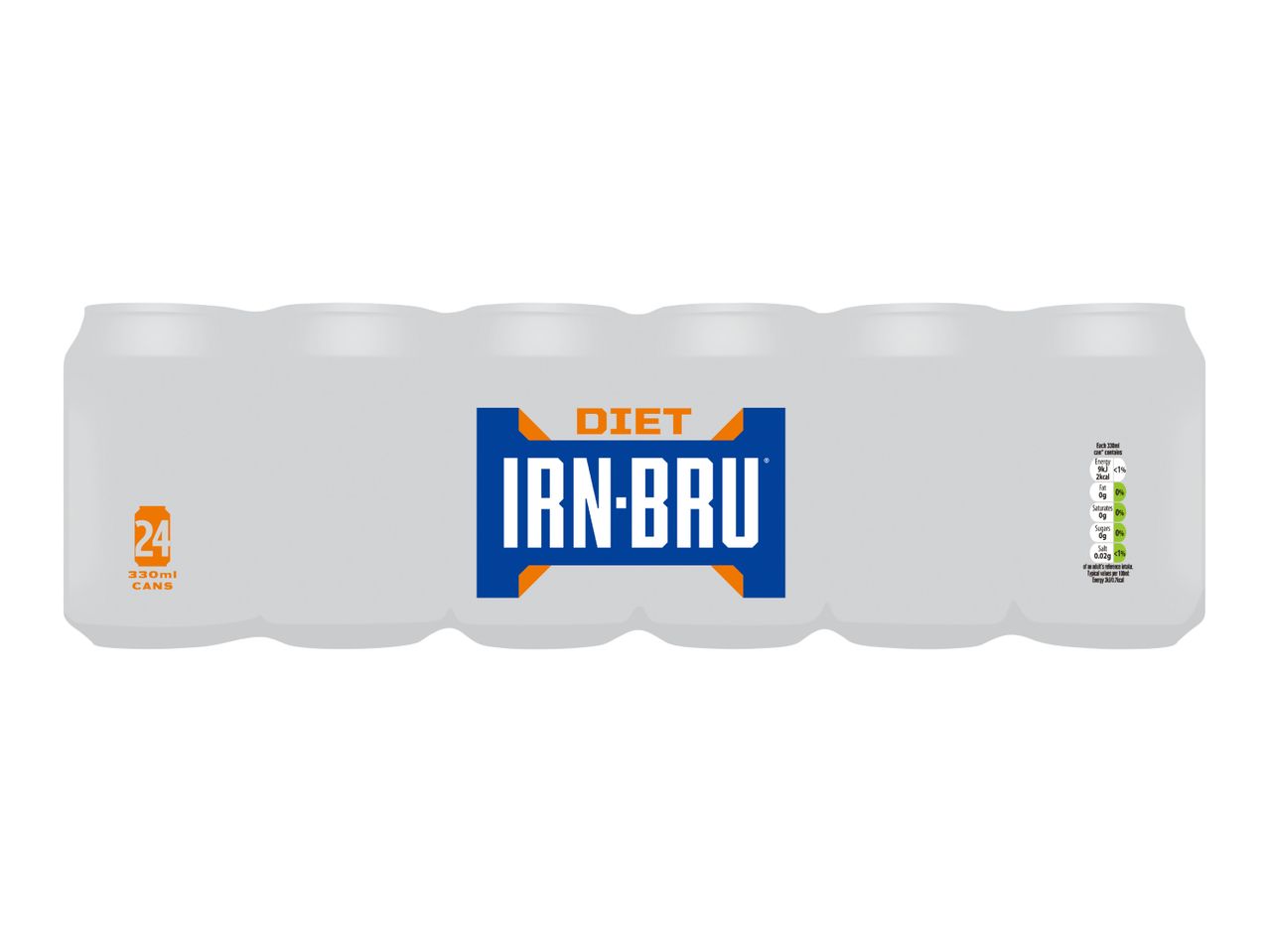 A 24-pack of 330ml diet carbonated soft drink cans, with nutritional information.