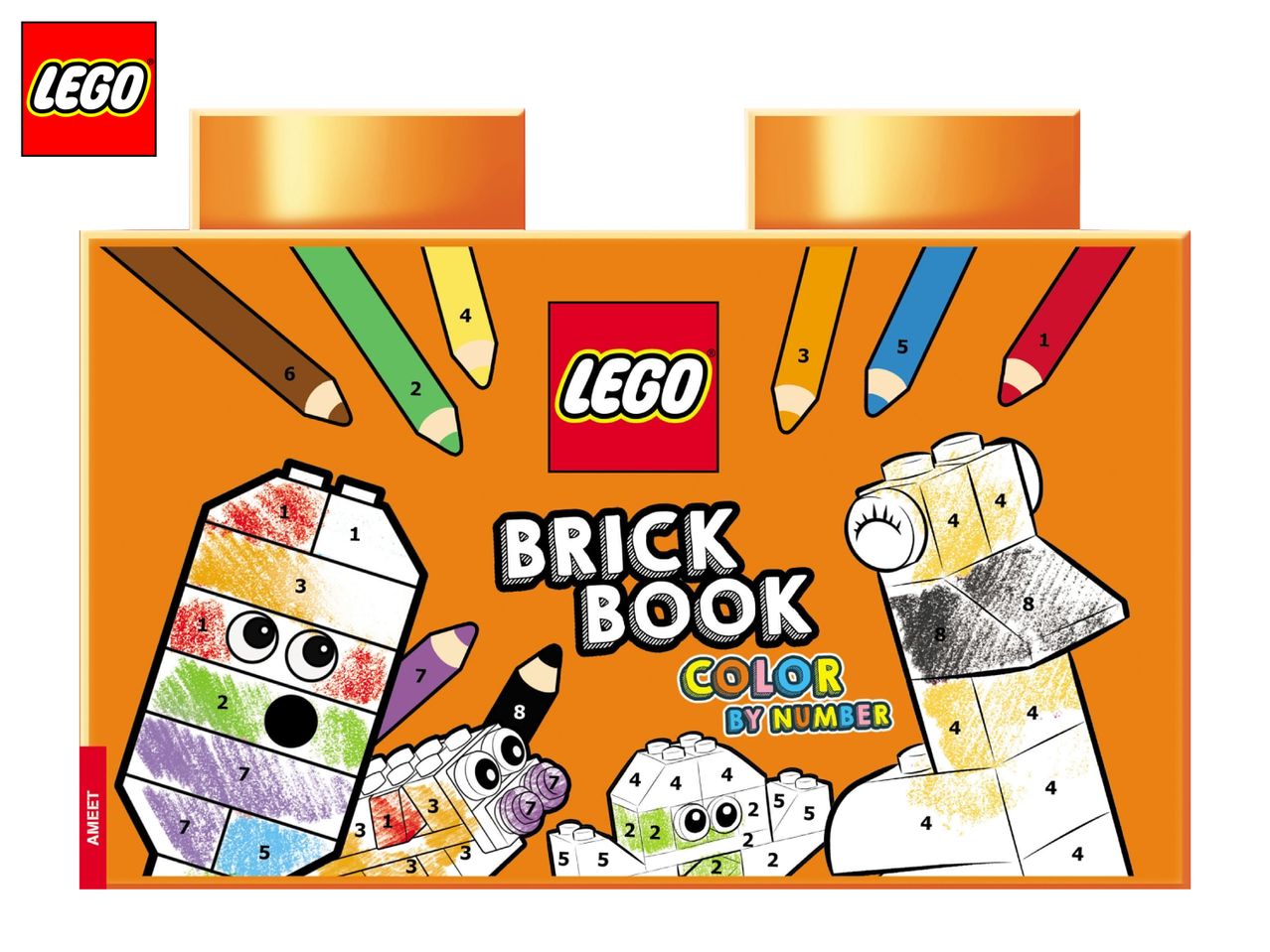 Coloring book with pencils and brick characters, titled 'Brick Book Color by Number'.