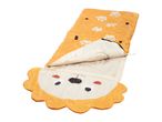 A child's lion-themed sleeping bag is partly unzipped, showcasing its soft interior.