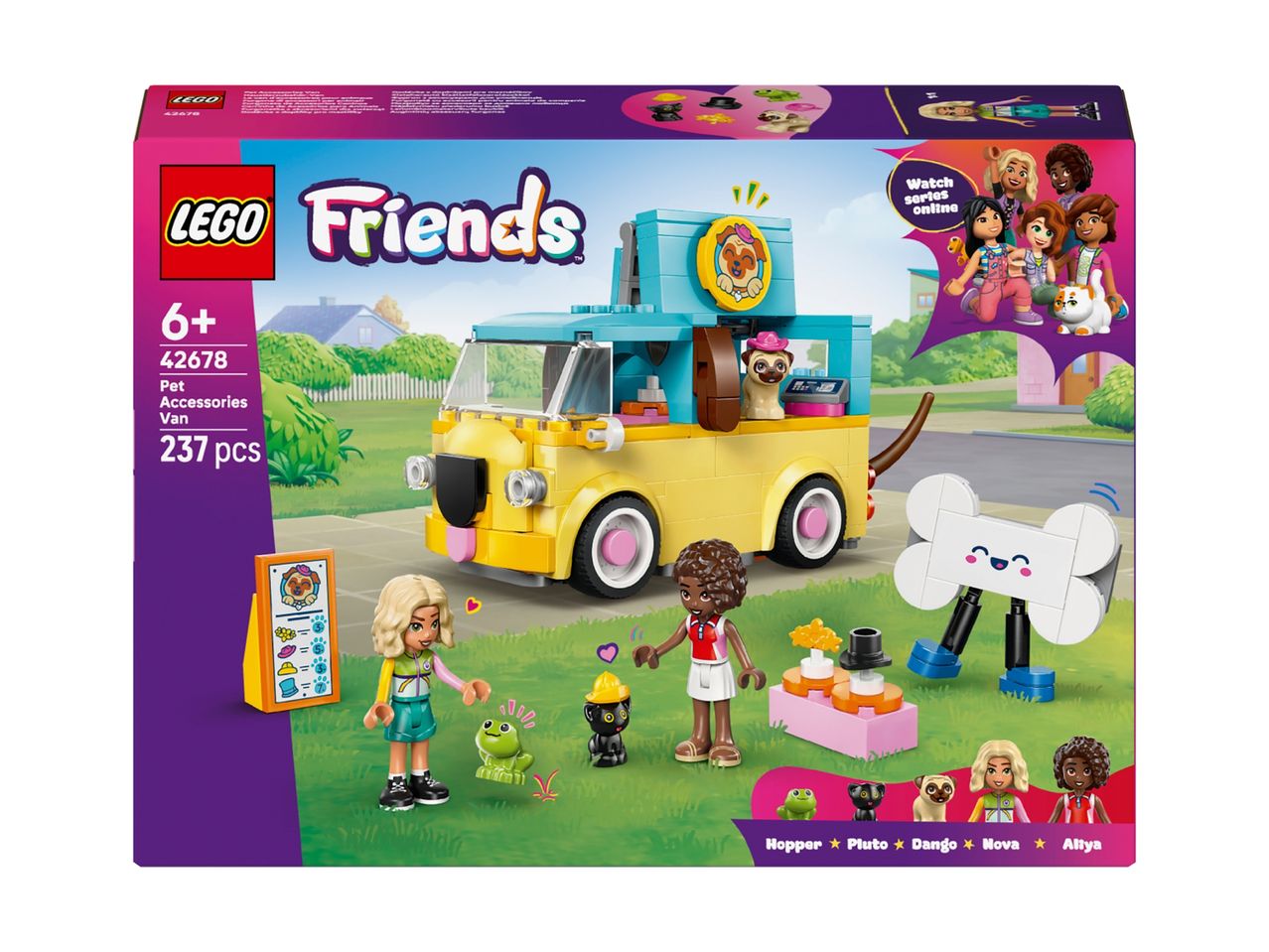 A toy pet accessories van with two figures, a frog, a black cat, a pug, and a large bone accessory.