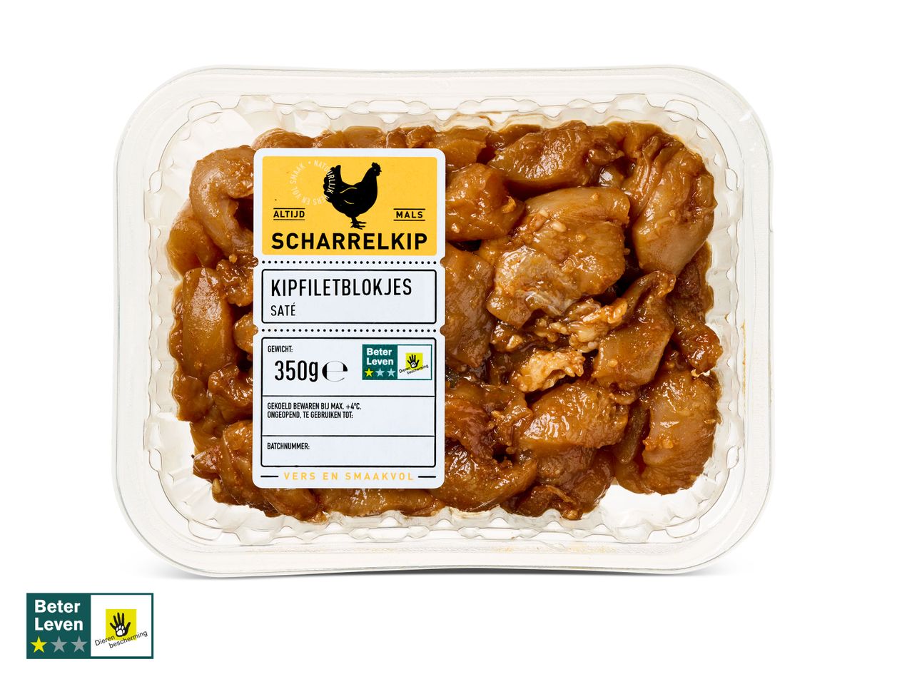 350g saté kipfiletblokjes, Beter Leven.