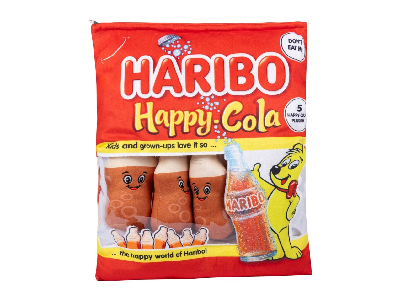 Red plush bag with cola bottle plush toys and a cartoon bear.