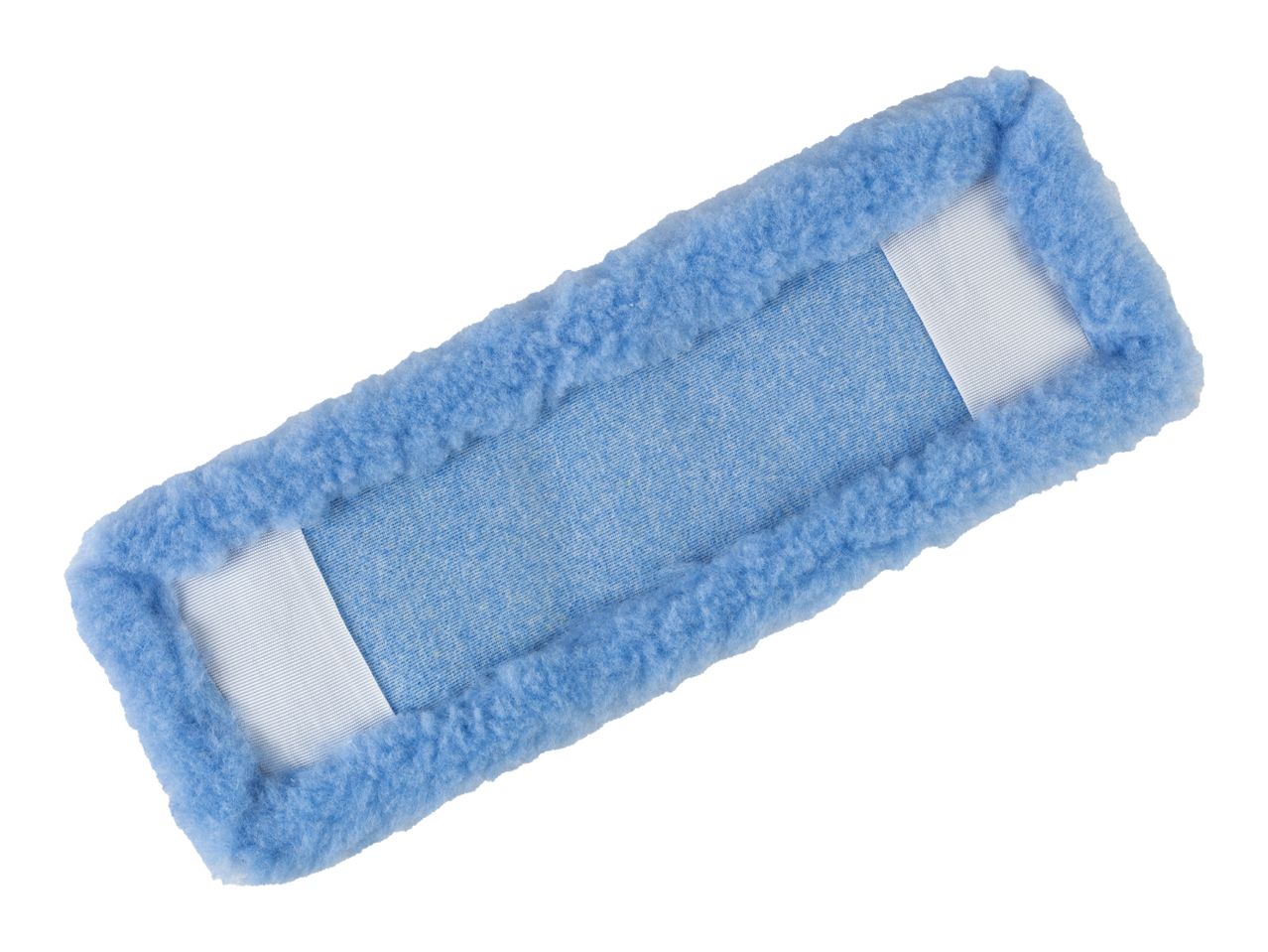 Blue microfiber mop pad with fluffy edges and white elastic straps.
