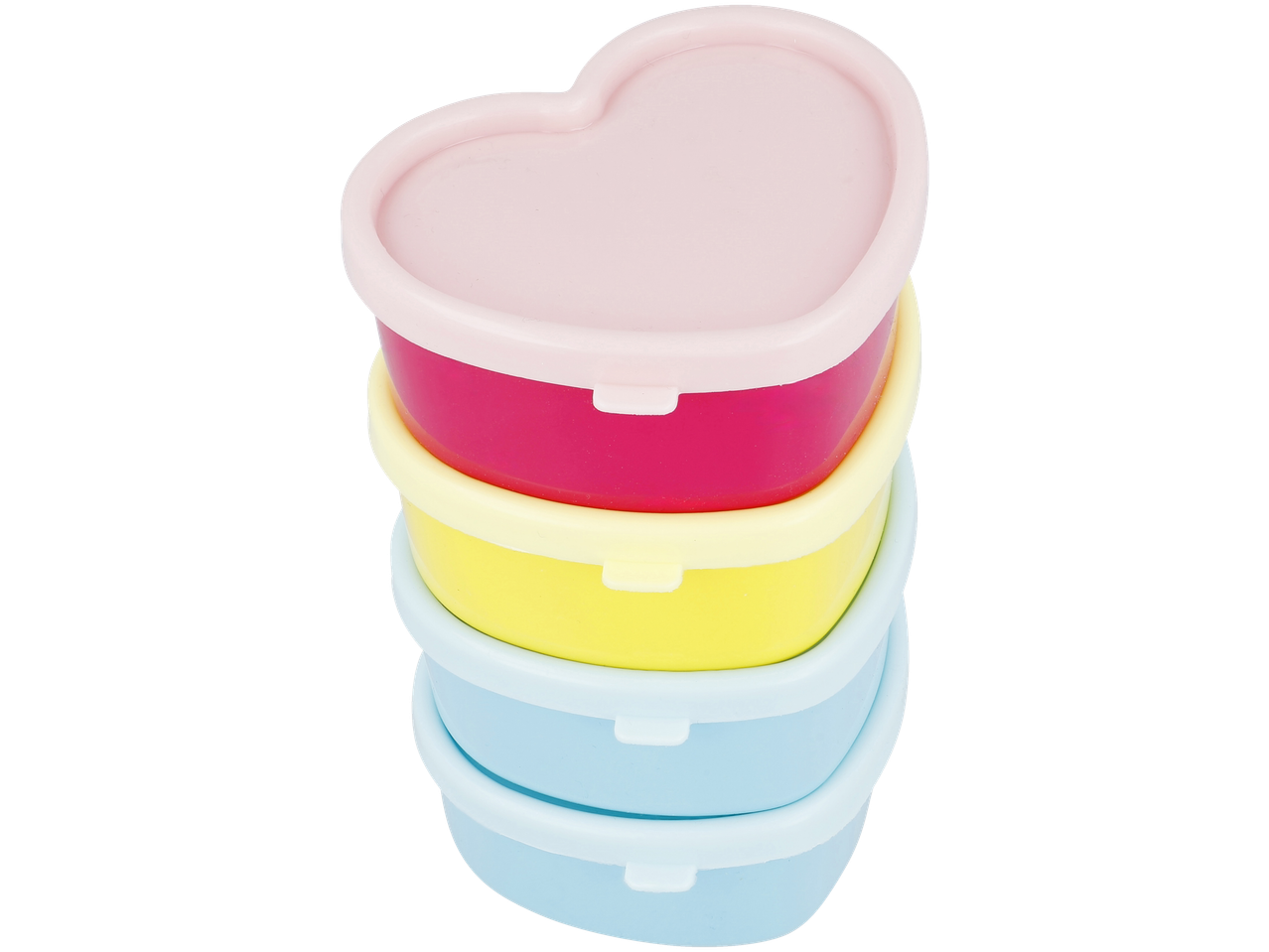 Gomila plastičnih posuda za hranu u obliku srca u pastelnim bojama.