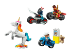 Lego-Figuren: zwei Motorräder mit Fahrern, ein Einhorn und ein Polizist mit Hund und Schild.