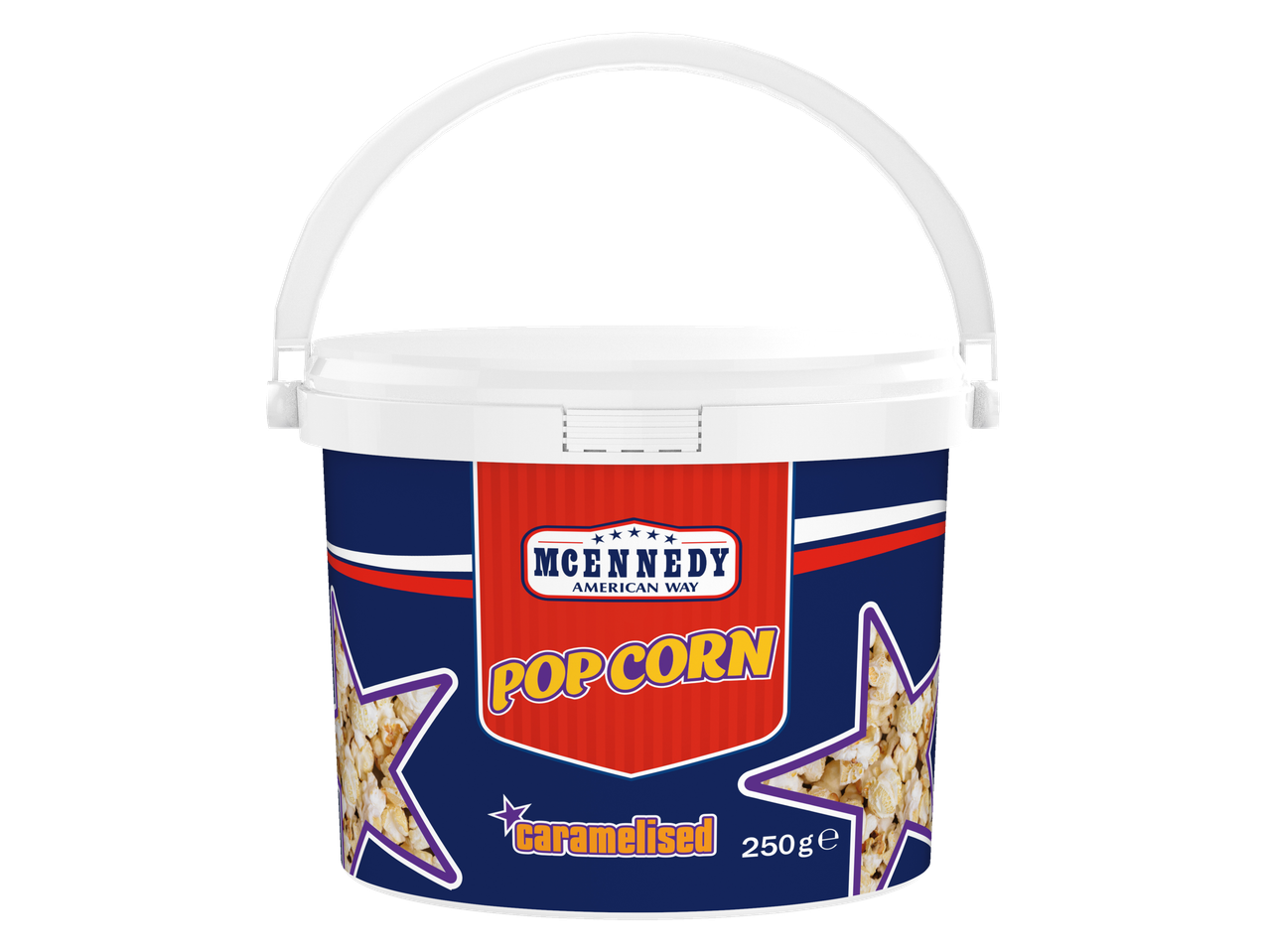 O găleată de popcorn caramelizat McEnnedy American Way (250g).