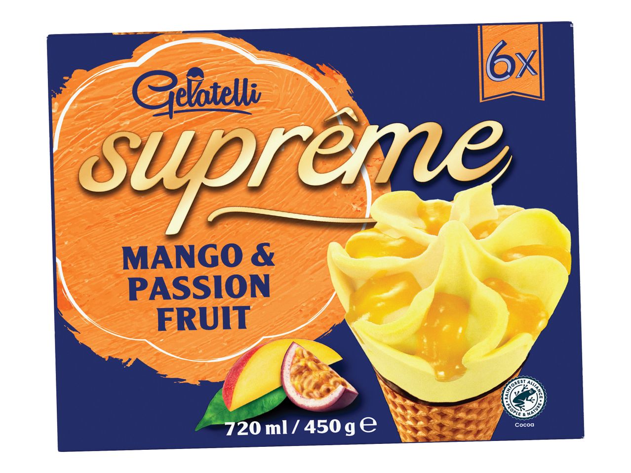 Škatla sladoleda Gelatelli Supreme z okusom manga in pasijonke.
