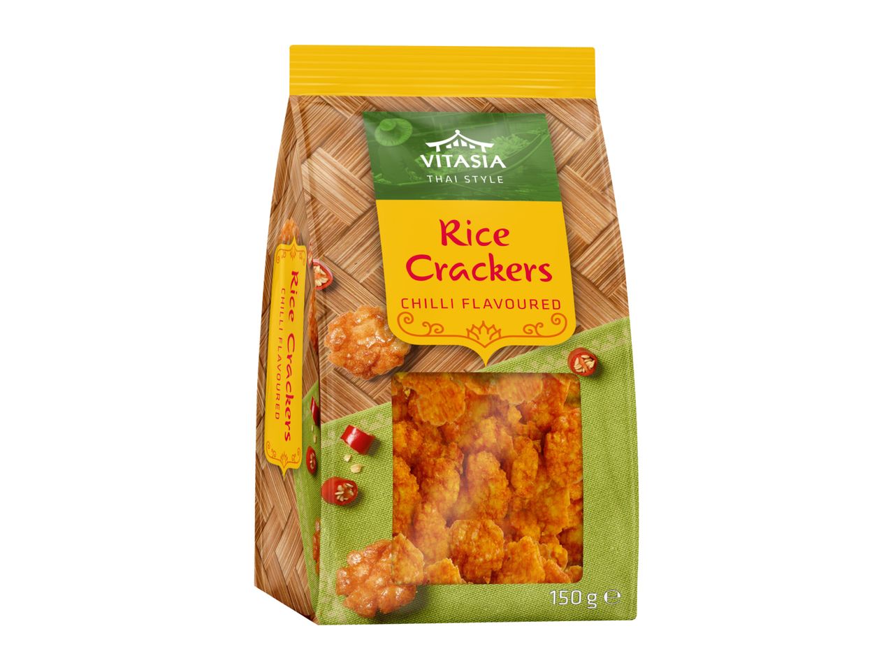 Chilli flavoured rice crackers in a bag with a window showing the product, 150g.