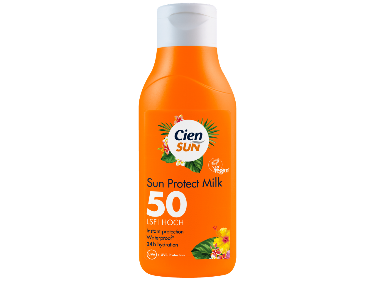 Cien Sun SPF 50 zonnemelk, waterbestendig, 24u hydratatie.