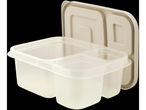 A beige plastic food container with three compartments and a separate lid is shown.