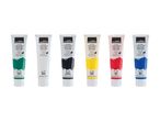 Six tubes of Crelano acrylic paint in green, white, black, yellow, red, and blue.