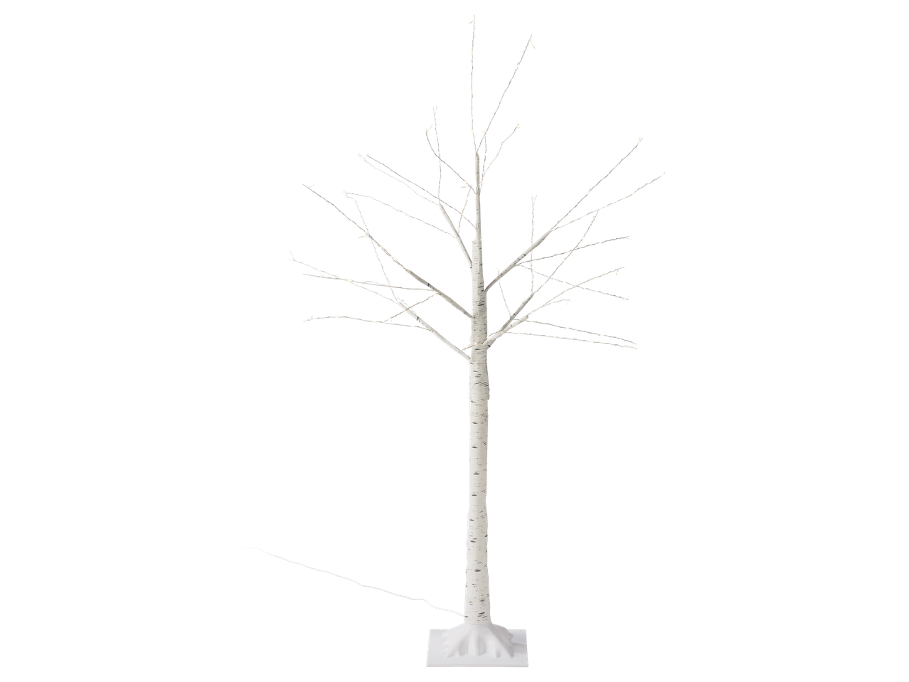 White LED birch tree with a square base, illuminated against a black background.