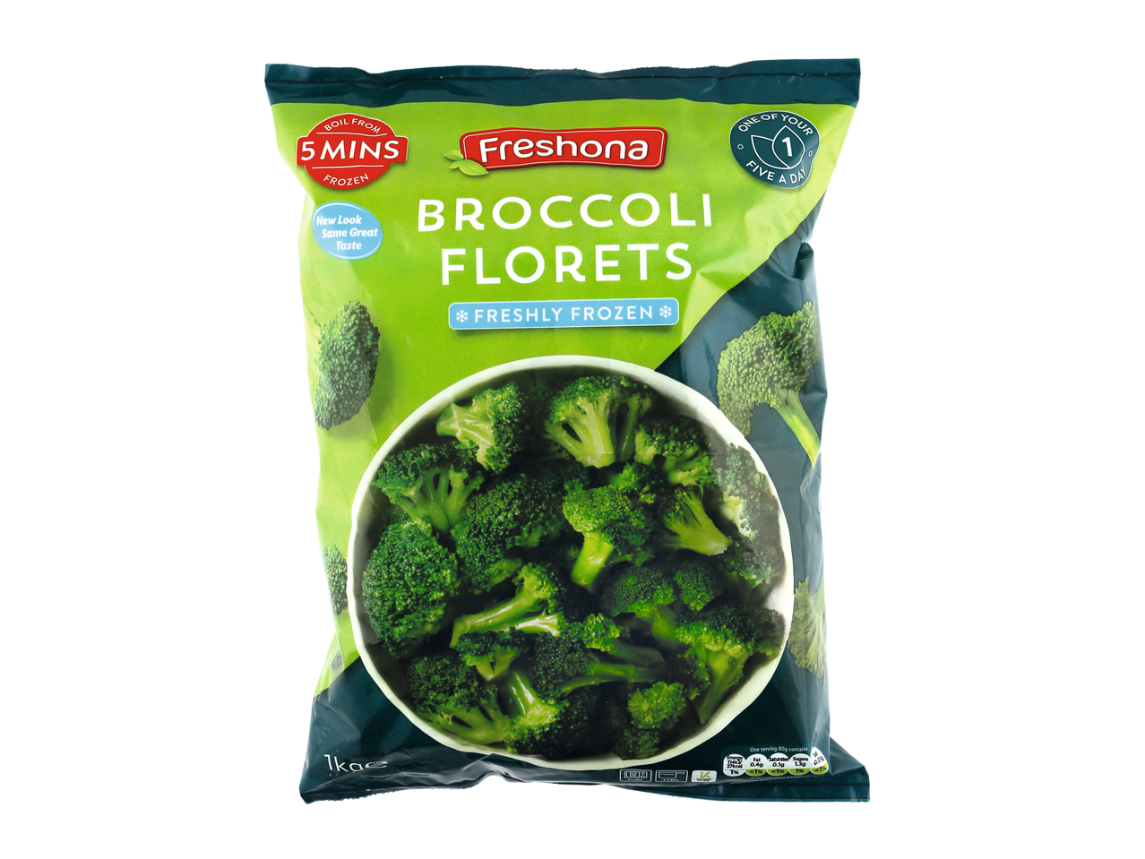 A bag of frozen broccoli florets, ready in 5 minutes, with a new look and same great taste.
