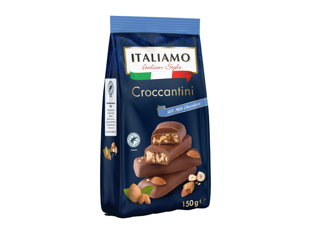 Dark blue bag of Italian-style croccantini, milk chocolate bars with nuts, 150g.