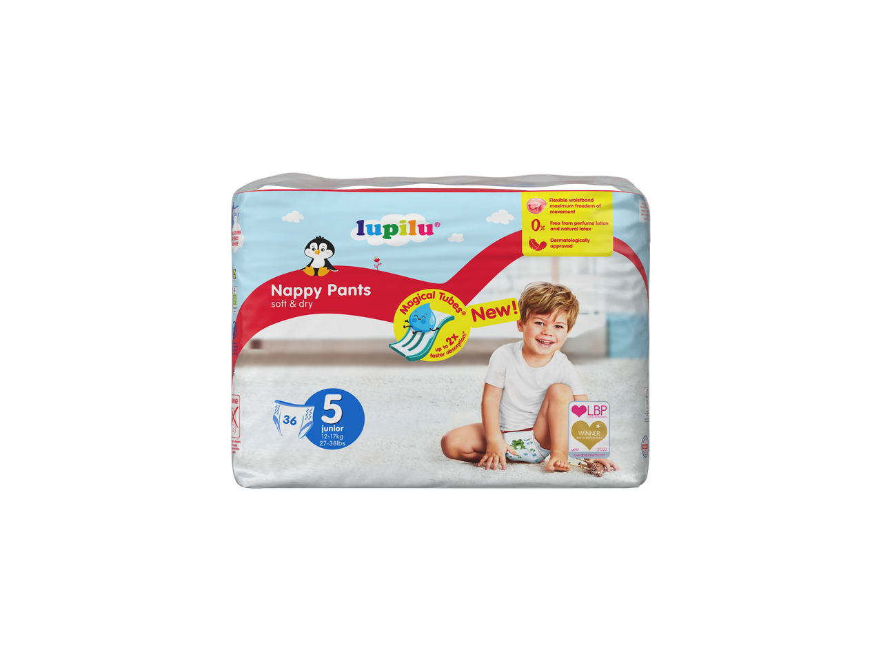 Lupilu Nappy Pants, size 5 junior, with 36 pants, featuring Magical Tubes for faster absorption.