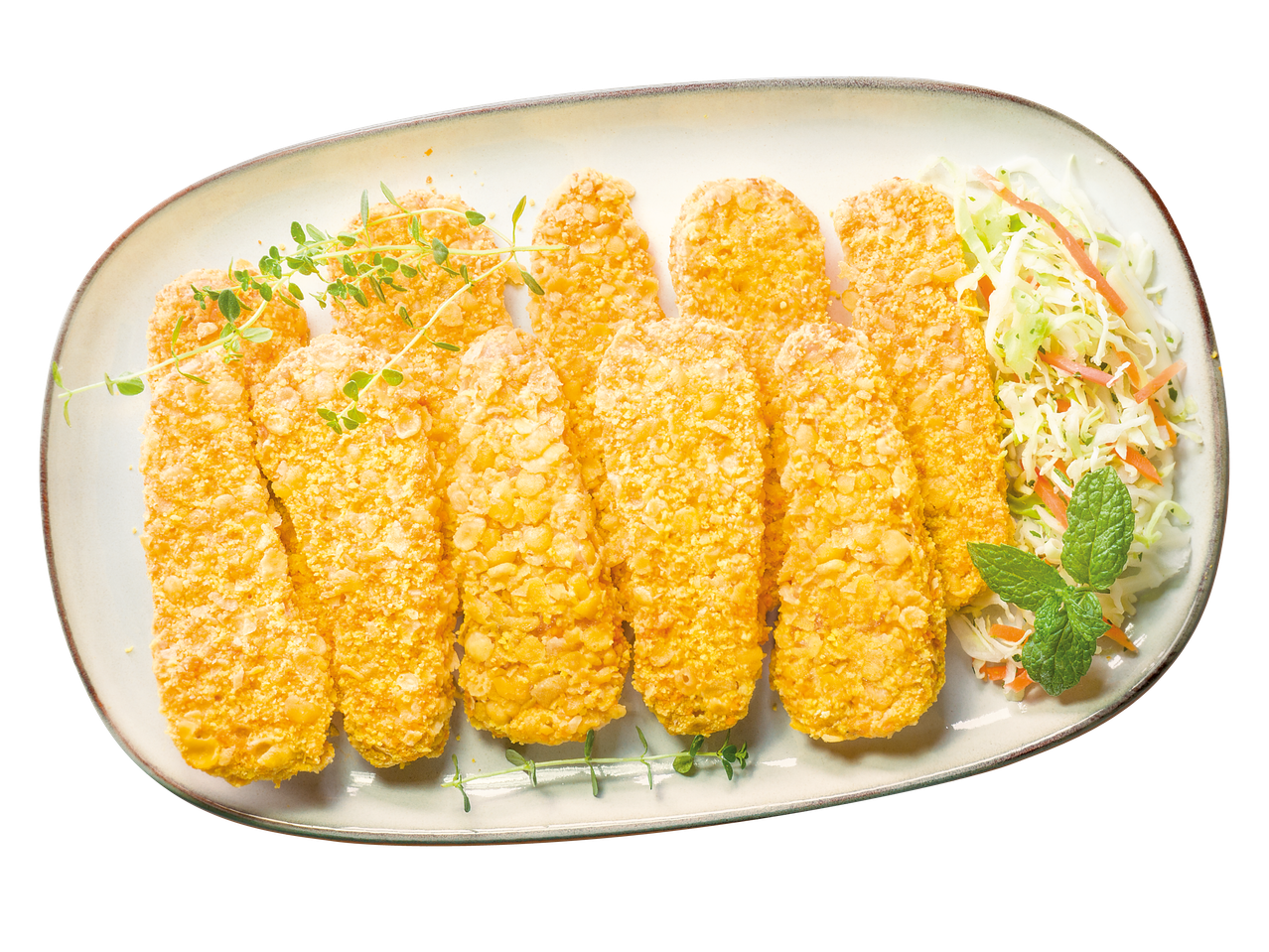 Панирани пилешки филенца с мащерка и салата от зеле и моркови.