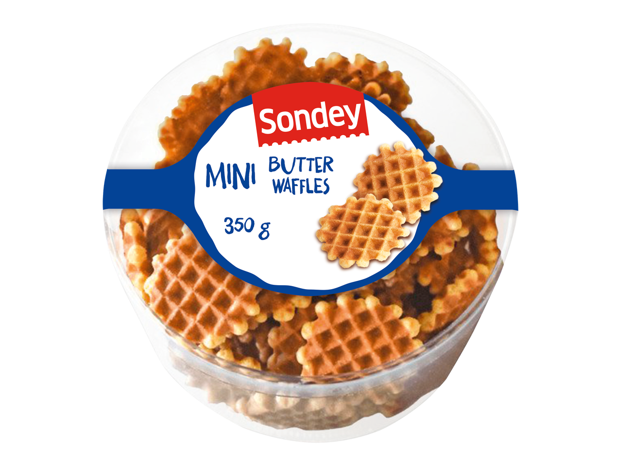 Mini gaufres au beurre dans un emballage rond, avec le texte 'MINI BUTTER WAFFLES 350 g'.