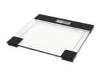 Eine digitale Personenwaage aus Glas mit schwarzem Rahmen.