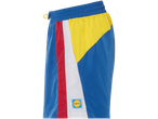 Calção de banho LIDL azul, amarelo, vermelho e branco com blocos de cores.
