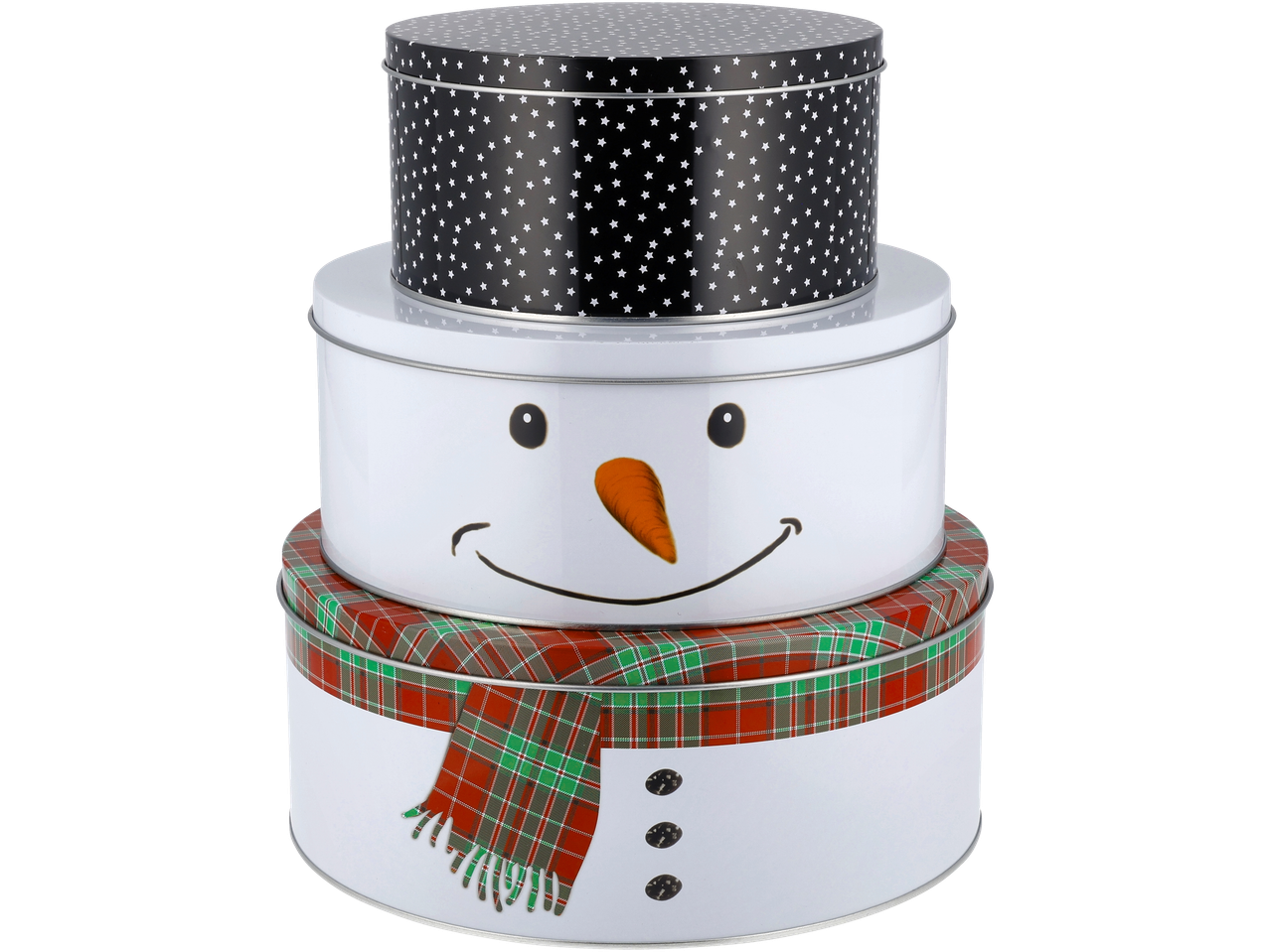 3 daļu sniegavīra tēmas cepumu kārbu komplekts ar melnu zvaigžņu raksta augšējo kārbu.