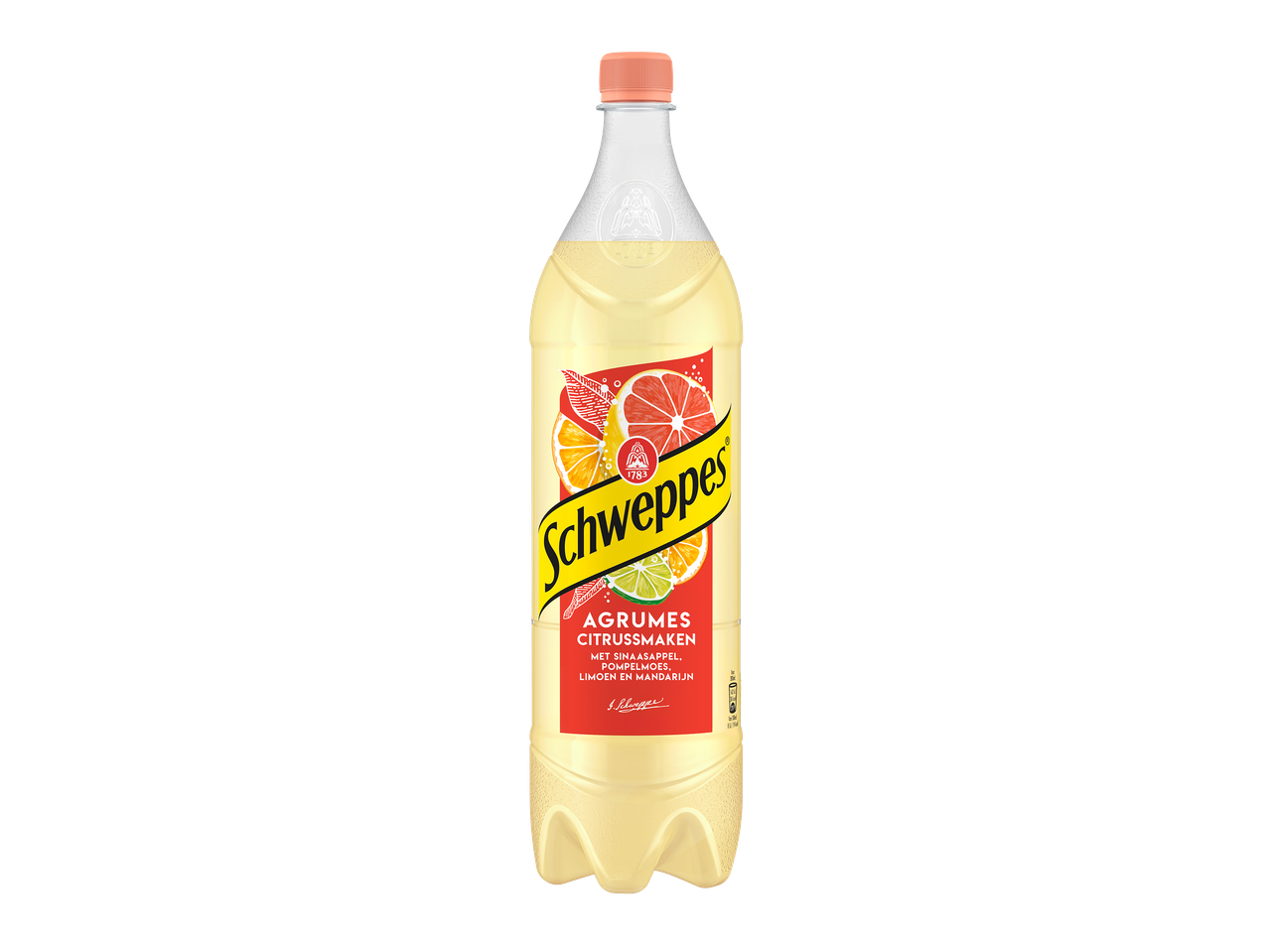 Fles citrusfrisdrank met sinaasappel, grapefruit, limoen en mandarijn.