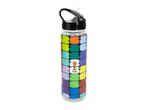 Clear water bottle with a colorful geometric pattern and a black lid with a straw.