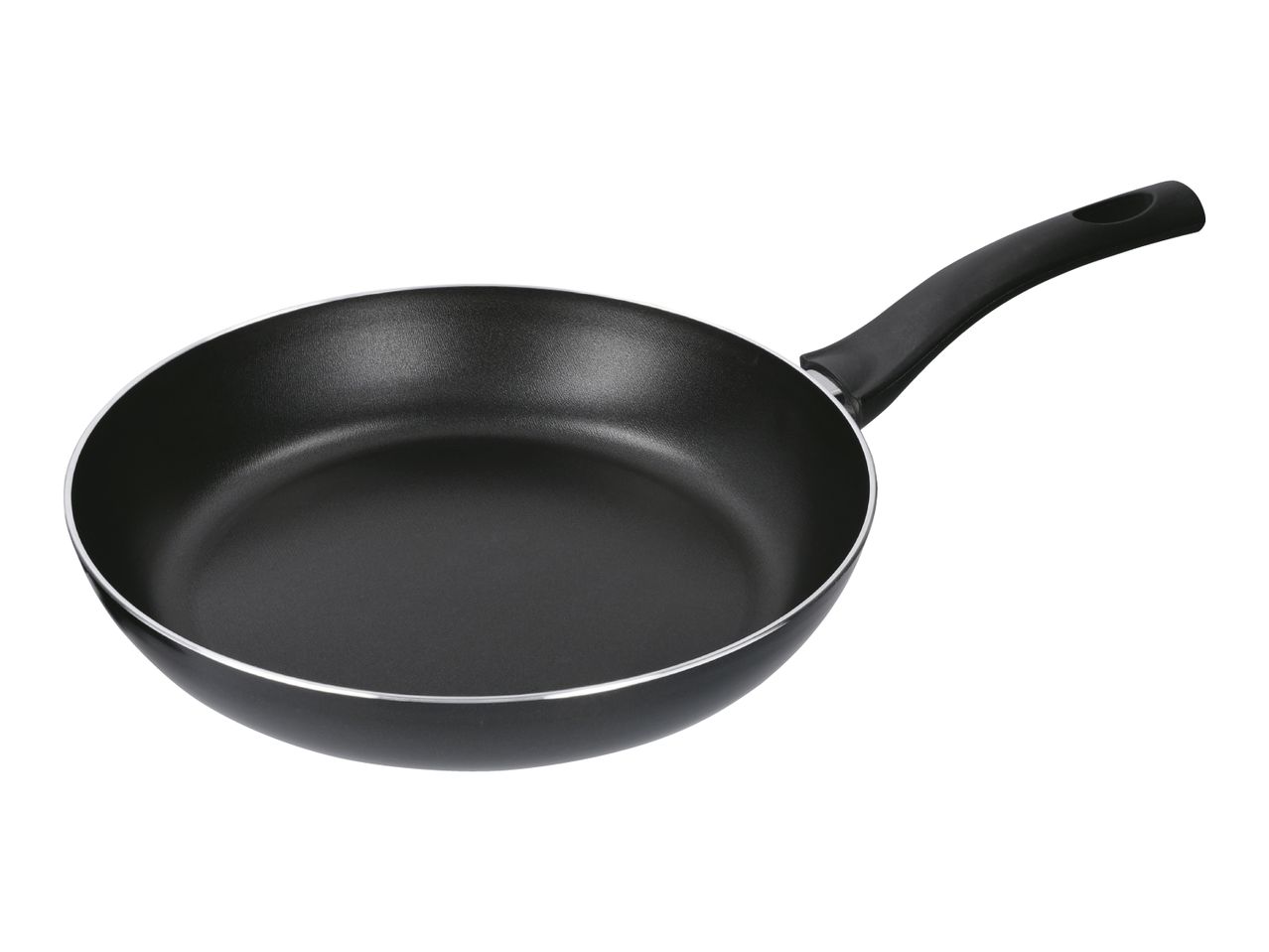 Black frying pan with a non-stick coating and a black handle.