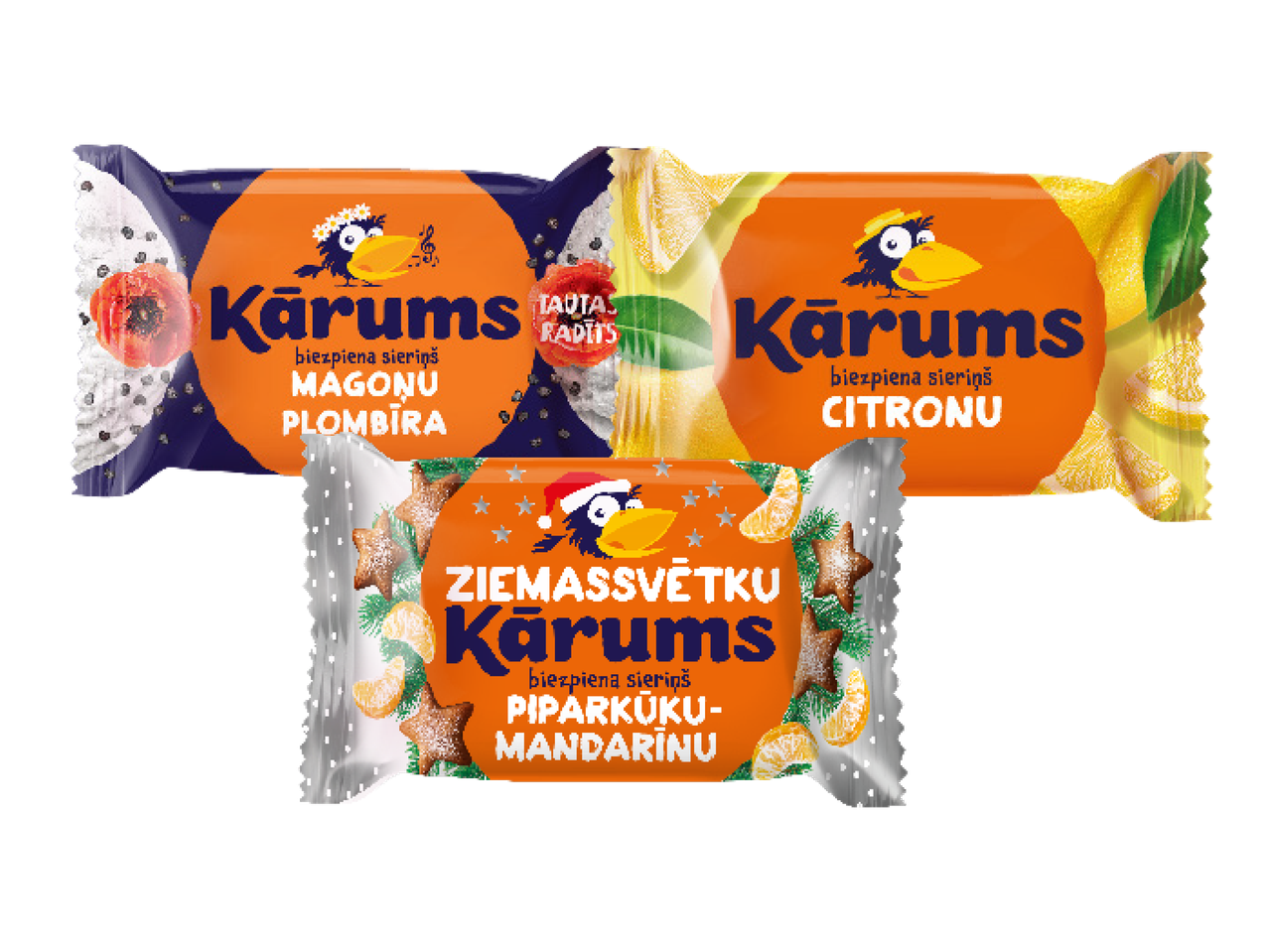 Trīs Kārums biezpiena sieriņu iepakojumi: magoņu, citronu un Ziemassvētku piparkūku-mandarīnu garšas.
