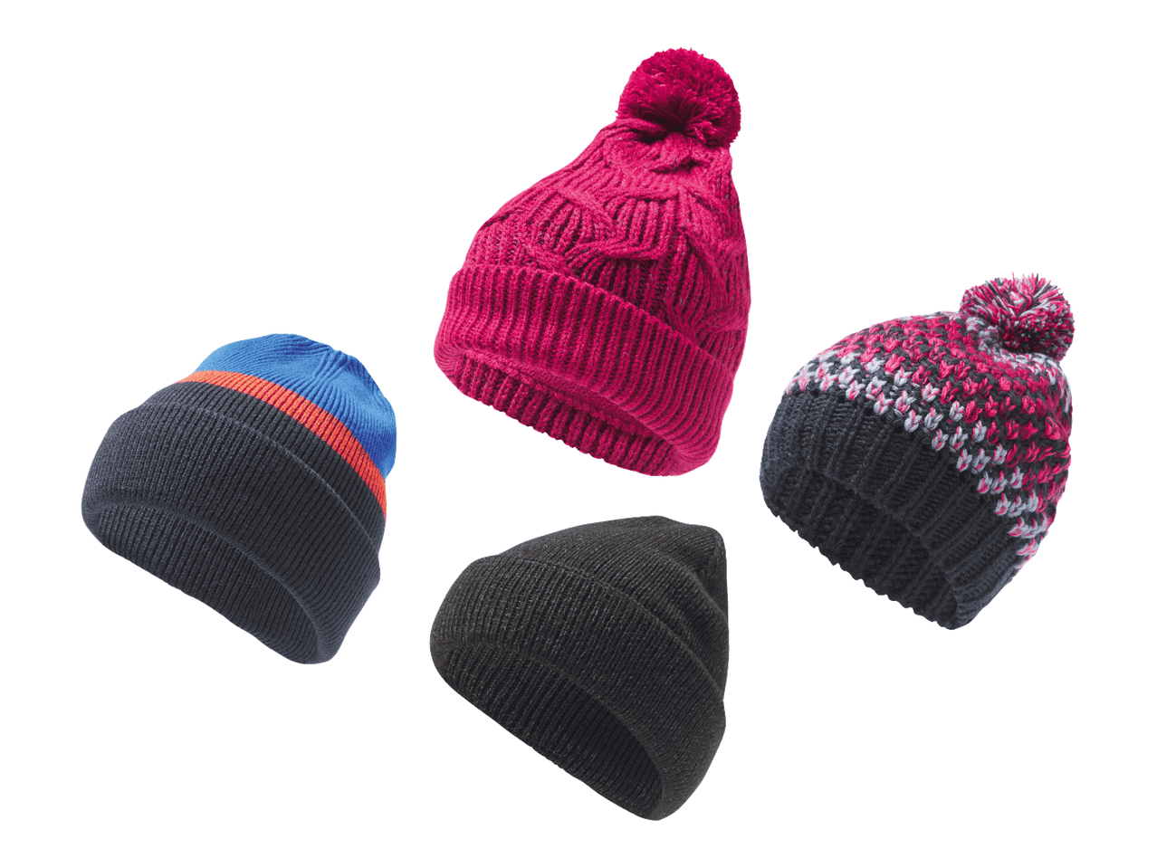 Neli erinevat värvi ja stiilis kootud mütsi, sealhulgas roosa tutiga müts.