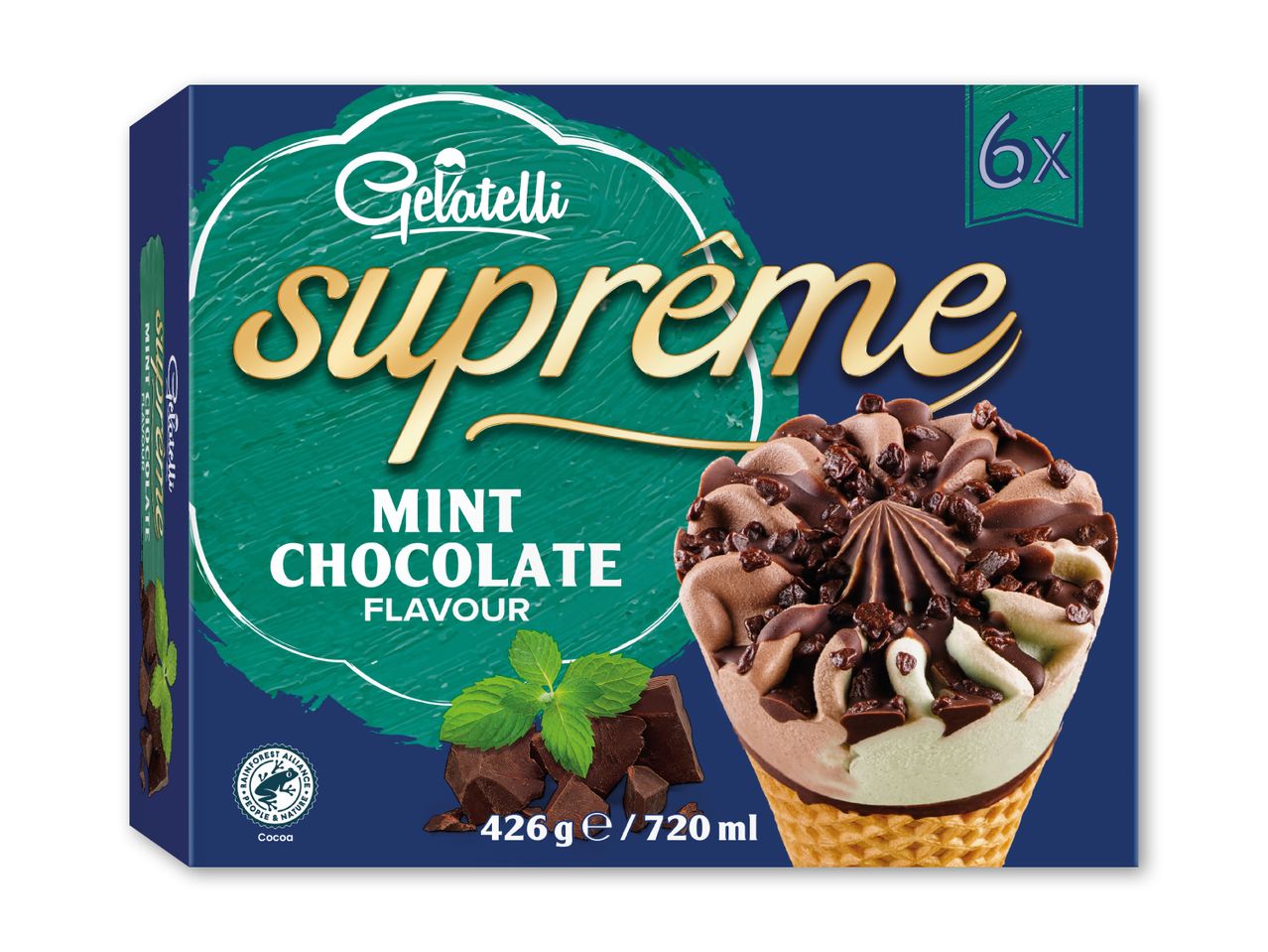 Æske med 6 mintchokoladeisvafler med chokoladestykker, med teksten 'MINT CHOCOLATE FLAVOUR'.