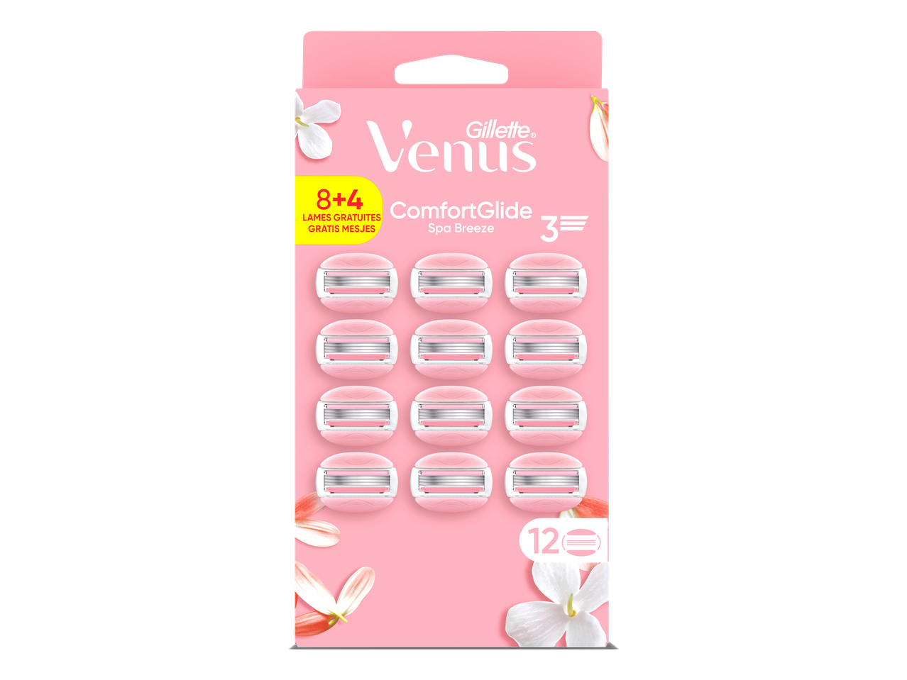 Roze verpakking met 12 scheermesjes, waarvan 4 gratis, met de tekst 'Spa Breeze' en '3'.