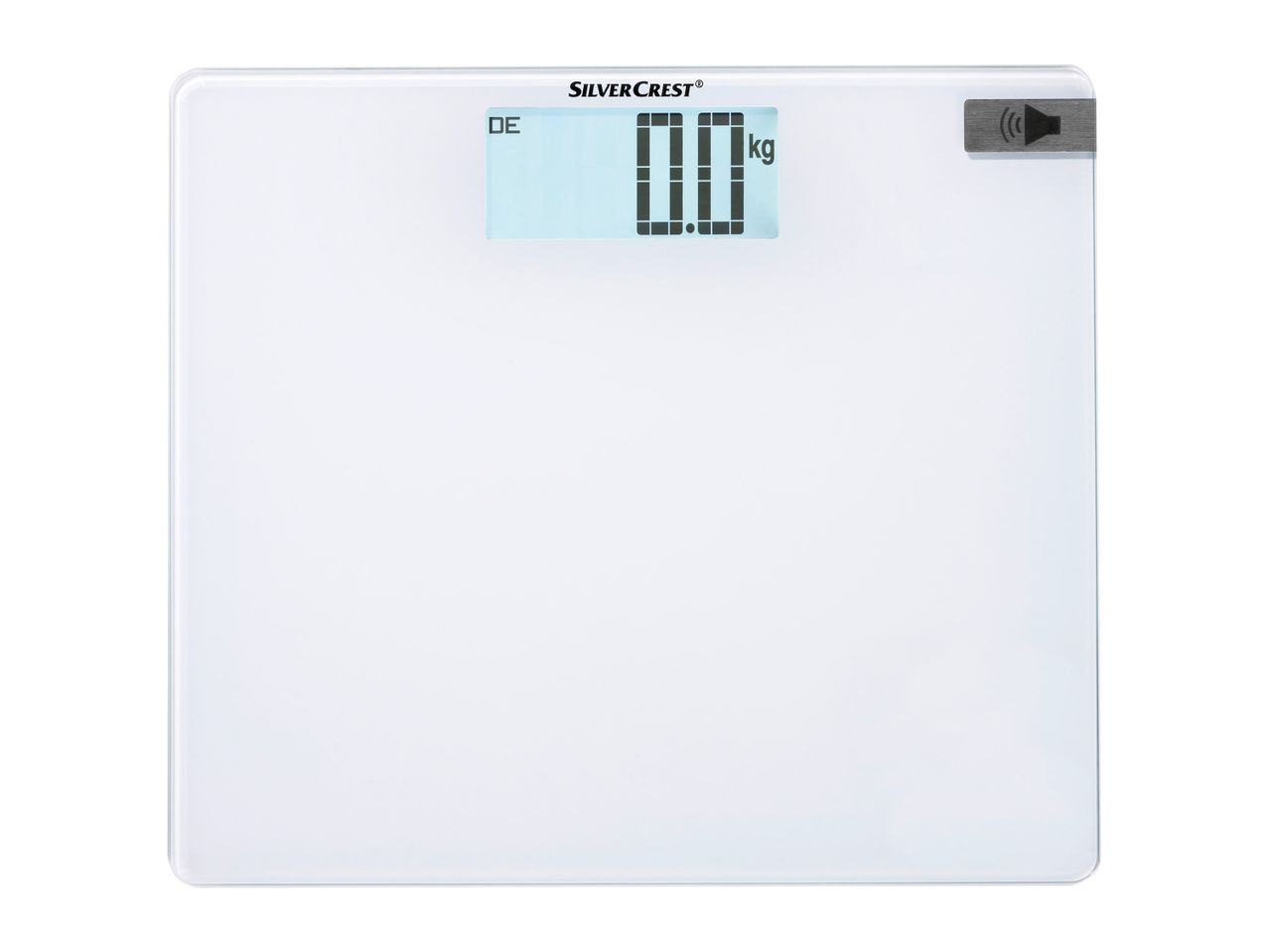 A white Omron digital bathroom scale displays zero weight.