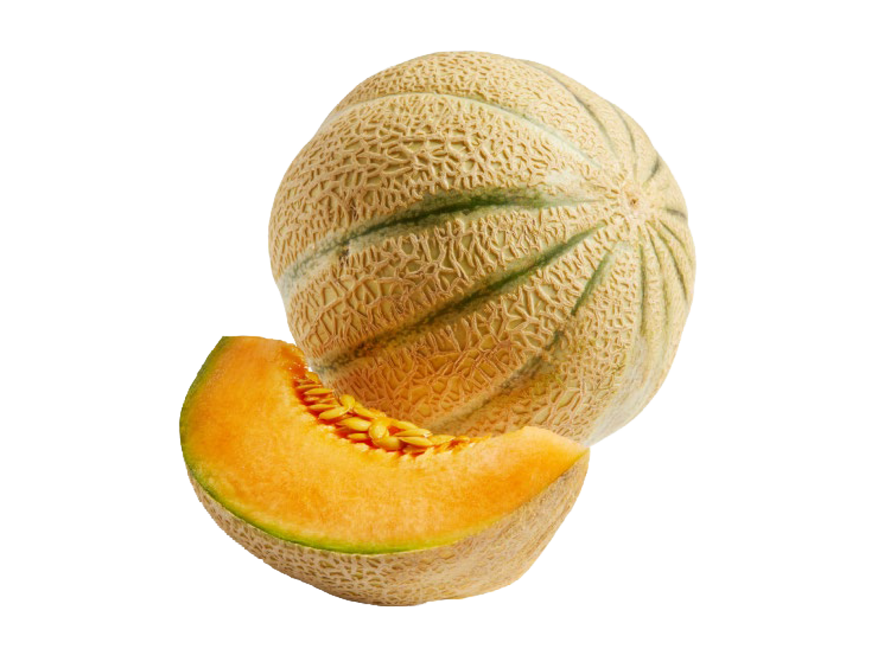 Melão inteiro e uma fatia de melão com sementes.