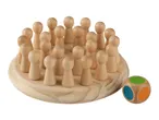 Wooden board game with numerous light-colored pawns and a colorful die.