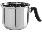 A stainless steel saucepan with a black handle.