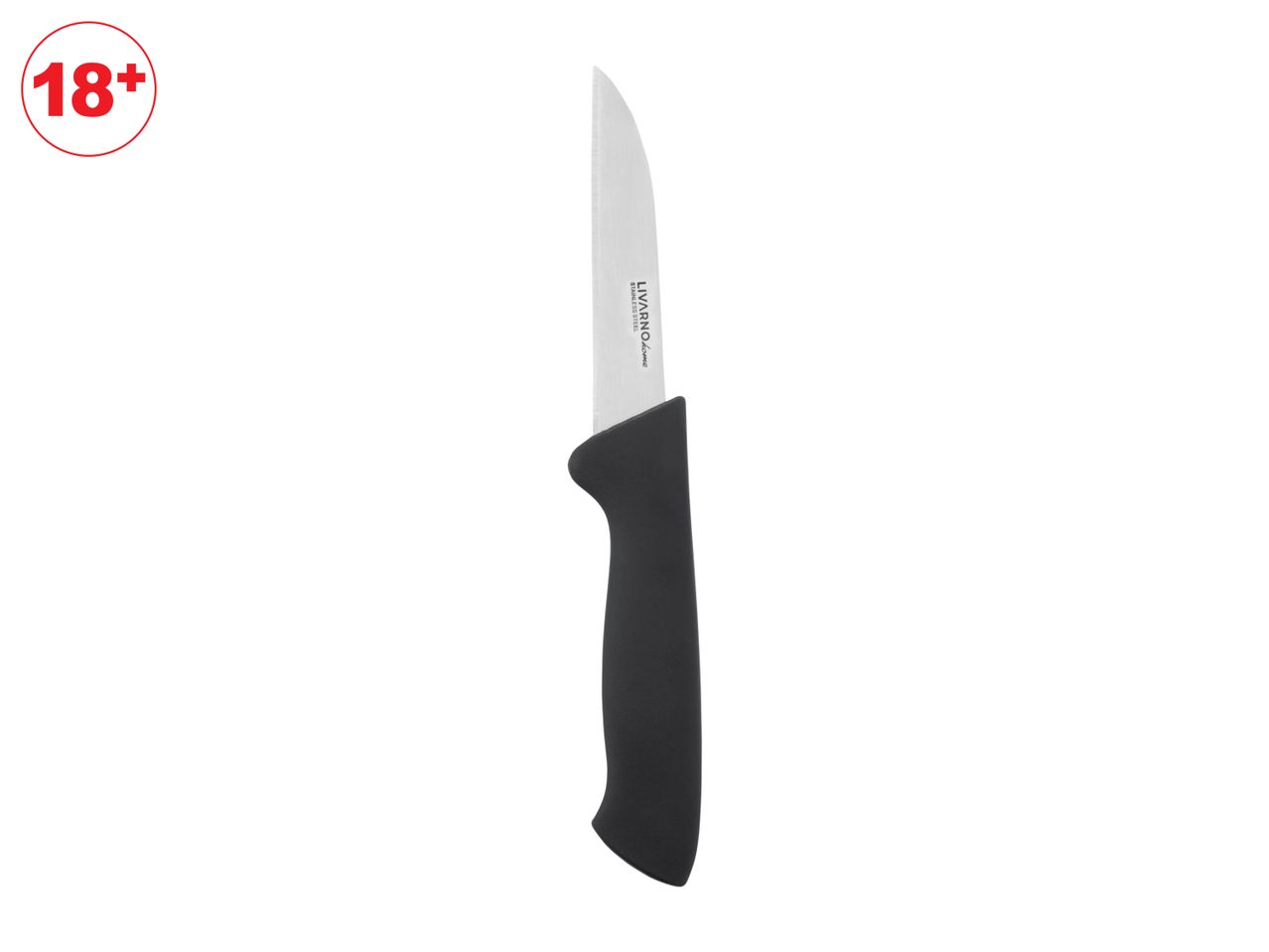 An 18' paring knife with a black handle.