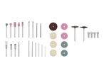A set of rotary tool accessories including grinding stones, drill bits, cutting discs, polishing wheels, and collets.